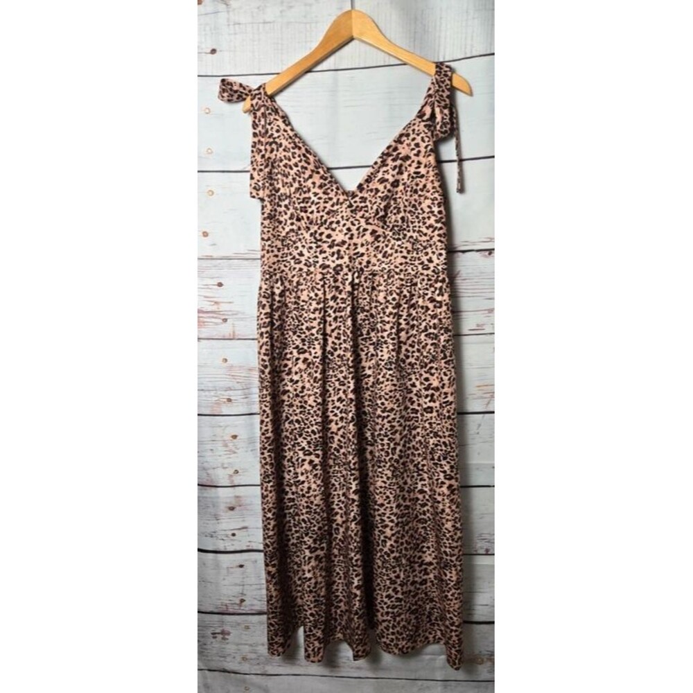 Womens Leopard Print Maxi Dress Size XL V-Neck Tie Shoulder